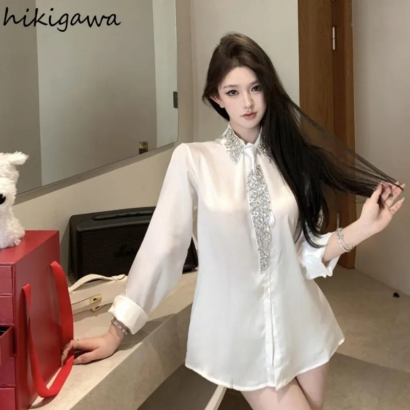 Oversized Tops White Blouses Women's Clothing Loose Diamond Temperament Shirts Korean Summer Blouse 2026 Blusas Mujer De Moda