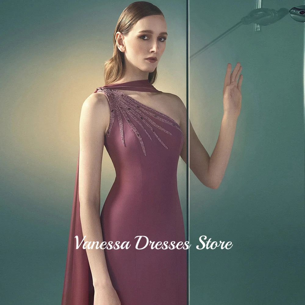 Modern One Shoulder Straight Evening Dress Customized Beading Jersey Saudi Arabian Shawl Sleeveless Prom Gown Party Dresses