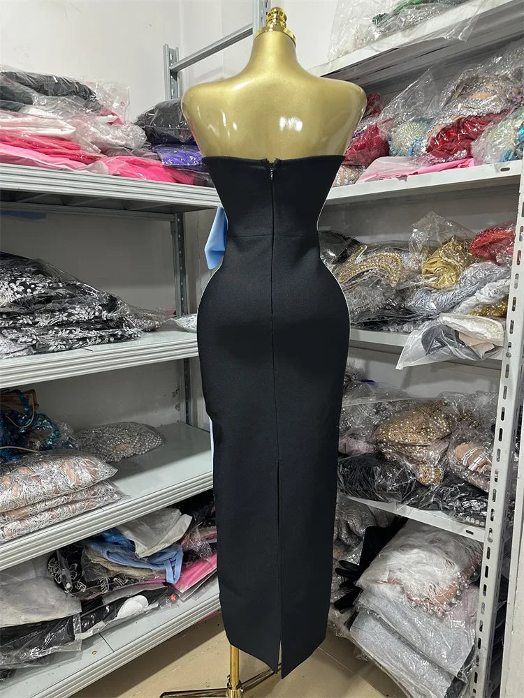 Women Sexy Strapless Off the Shoulder Bow Bodycon Bandage Long Dress Celebrate Fashion Nightclub Party Birthday Outfit