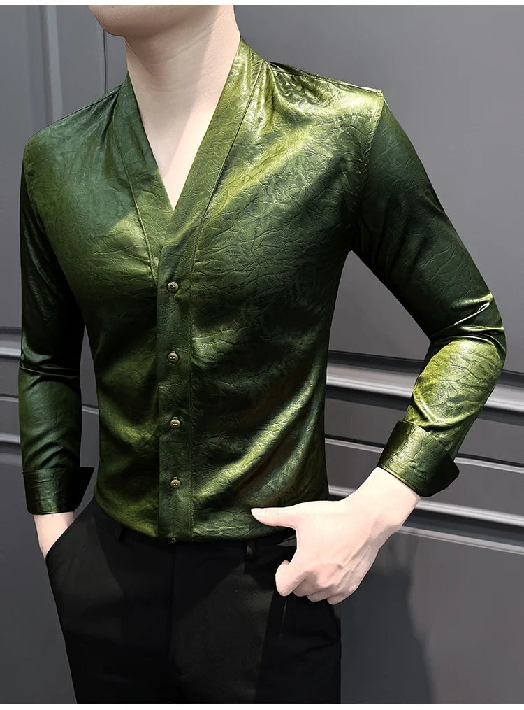 High-End Casual Shirts Men 2025 Spring British Style Slim Fit V-neck Shirt Long Sleeve Business Social Wear Men Clothing