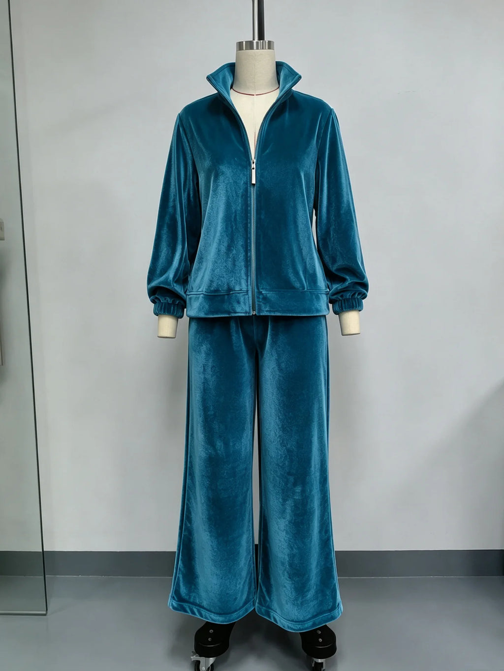 Autumn Winter Warm Gold Velvet Two Piece Set Women's Fashion Solid Zipper Open Coat With Wide Leg Pants Set Ladies Office Outfit