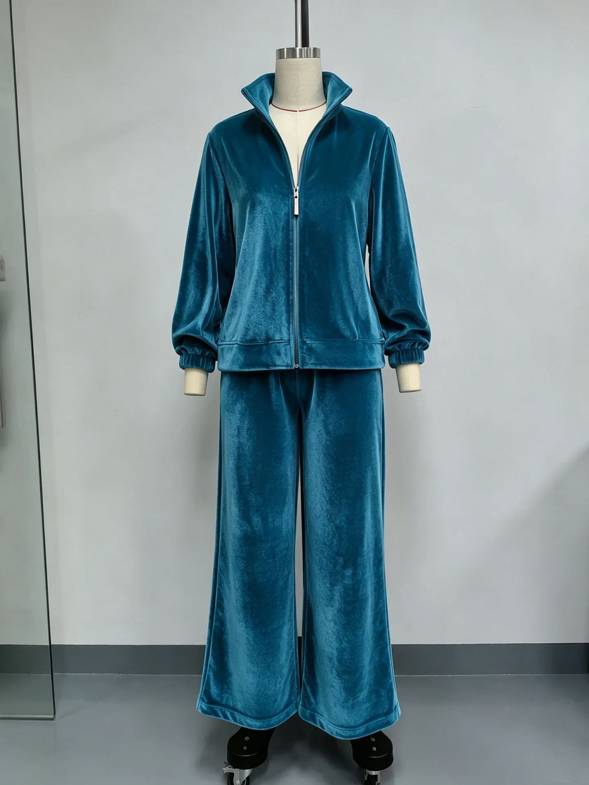 Autumn Winter Warm Gold Velvet Two Piece Set Women's Fashion Solid Zipper Open Coat With Wide Leg Pants Set Ladies Office Outfit