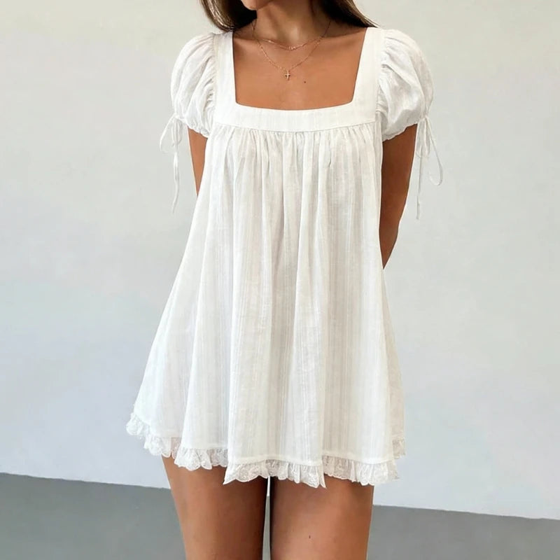 Bohemian Puff Sleeve Maternity Dress Women Square Neck A-line Mini Ruffled Dresses Fairy Vintage Loose Fit Flowy Short Dress