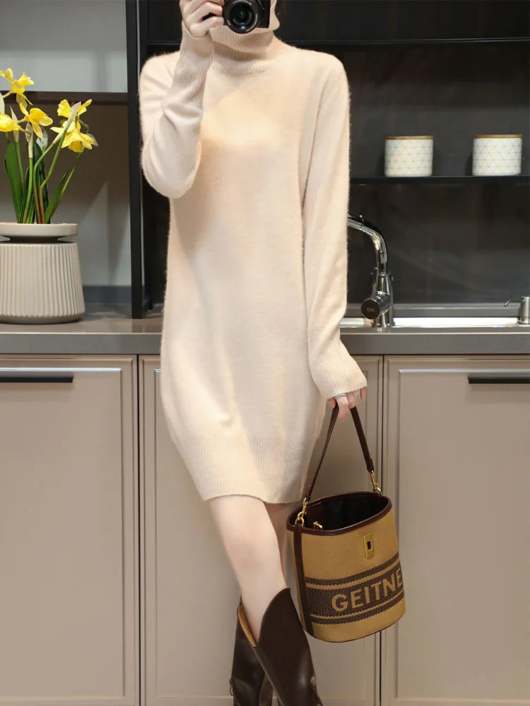 Elegant Cashmere Sweater Womens Dresses 100% Merino Wool Autumn Winter Turtleneck Knitted Dress Female Casual Long-Sleeve Skirts