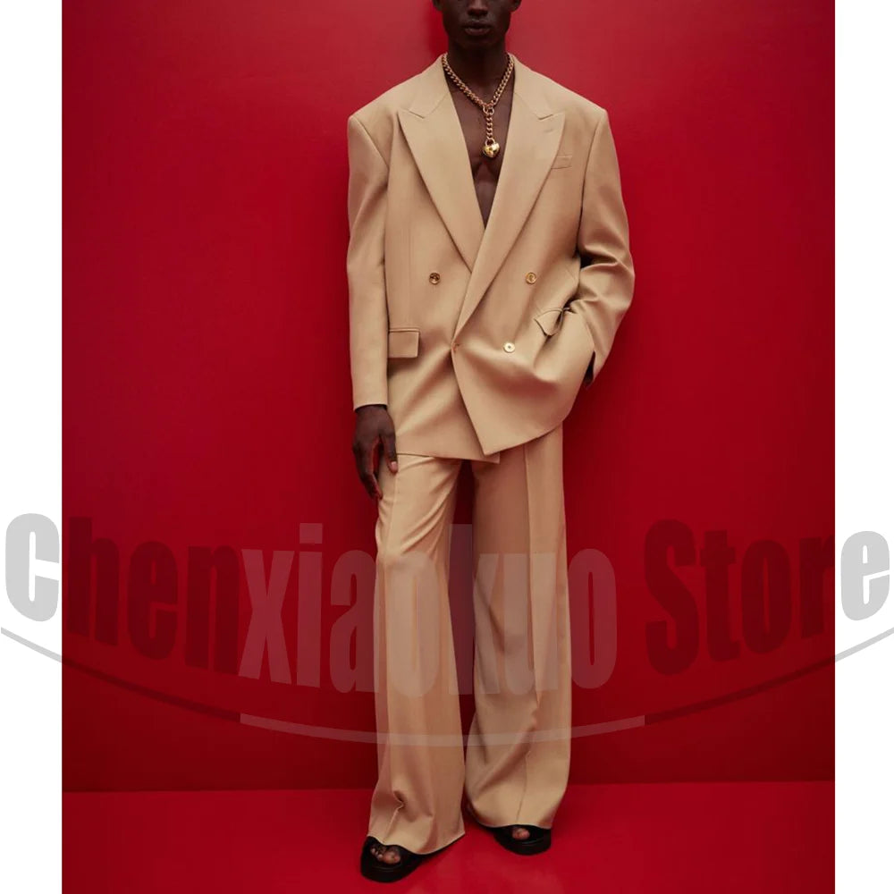 Men's Double Breasted Suit Set Oversized Blazer and Wide-Leg Trousers Fashion Casual Formal Outfits for Streetwear Party