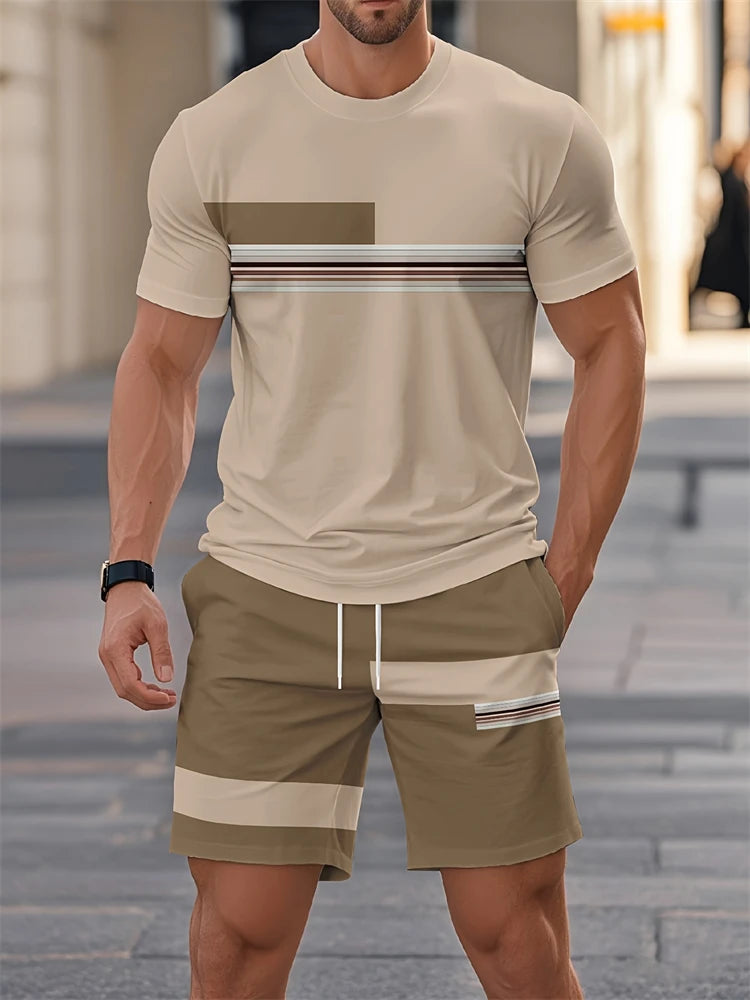 2025 Summer New Two-piece Men's Casual Striped Pattern Printed Short-sleeved T-shirt And Sports Shorts Suit Fitness Sports Suit