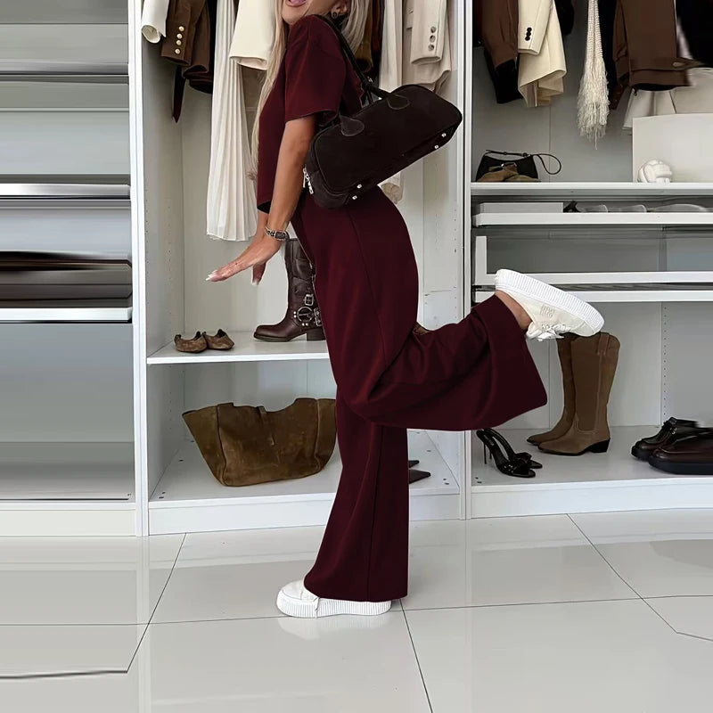 Women Casual Loose Sporty Two Piece Fashion Daily Commute Outfit 2026 Summer Simple O Neck Short Sleeve Top and Long Pants Suit