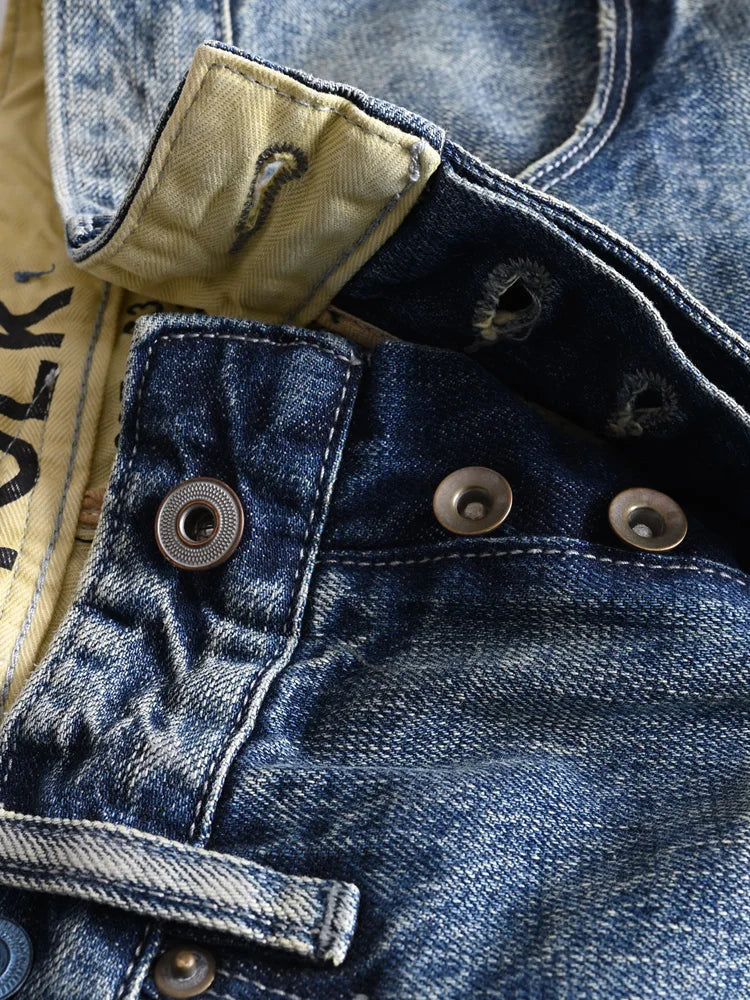 Heavyweight 100% Cotton Relaxed Straight Denim Jeans Vintage Washed & Distressed American Casual Pants for Men Amekaji Retro