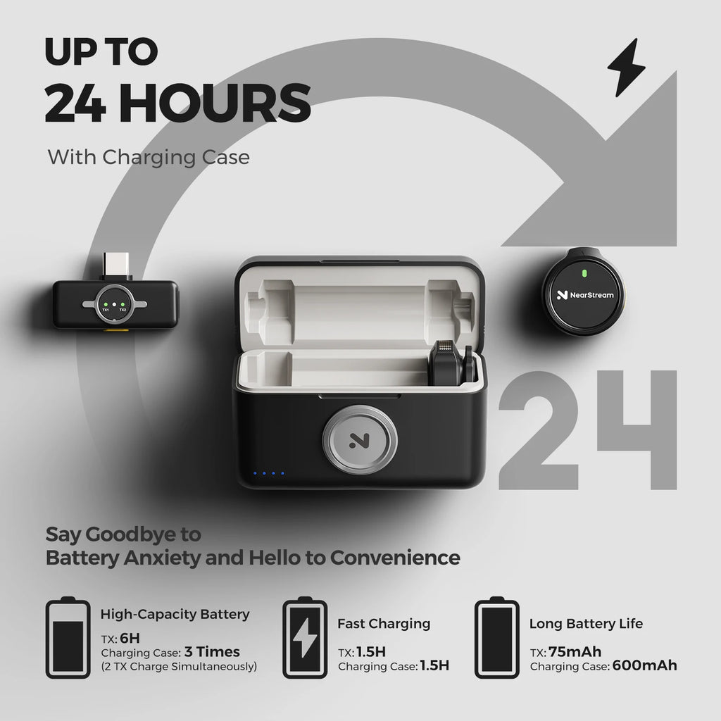 NearStream AWM25T Magnetic Wireless Lavalier Microphone, 1‑to‑2 Dual‑Mic, ENC Noise Cancelling, Low Latency 65Ft, 24H Battery Charging Case, Plug‑Play Lapel Mic for iPhone Android Laptop PC