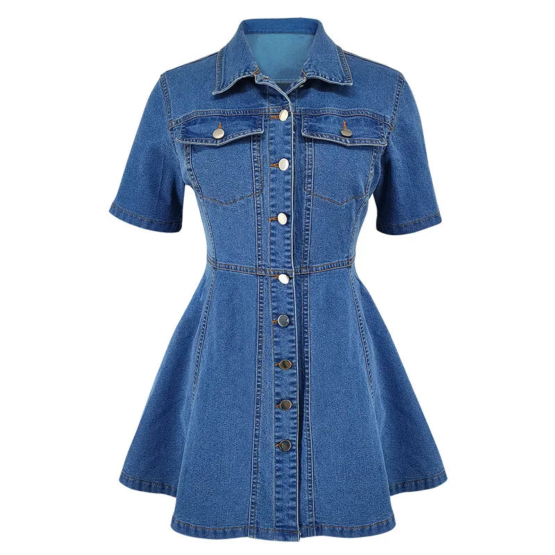 GLCMYAYA Fashion Vintage Women Street Denim Mini Dress 2025 Fall Short Sleeve Single-breasted Sexy Party A-Line Dresses Vestidos