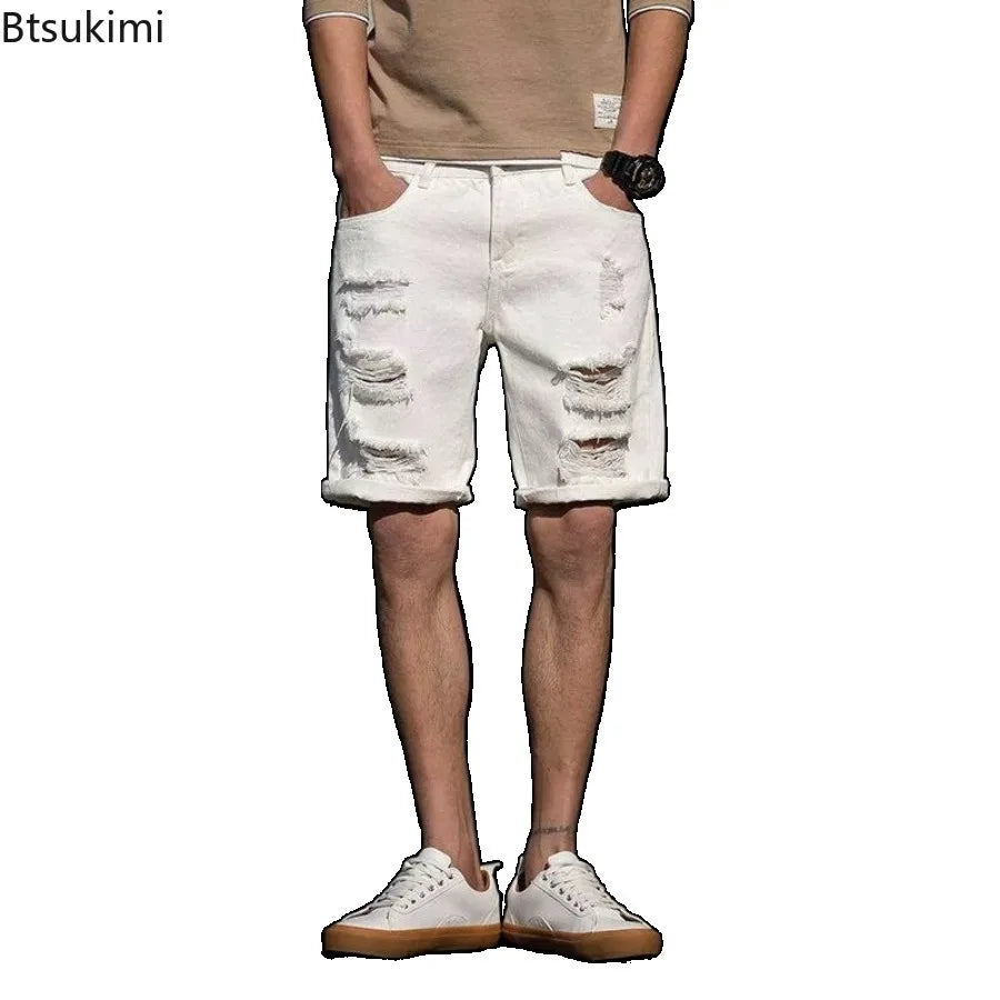 Men's Fashion Denim Shorts Summer Ripped Casual Denim Knee Length Solid Jeans Shorts White Classic Jeans Shorts Y2k Streetwear