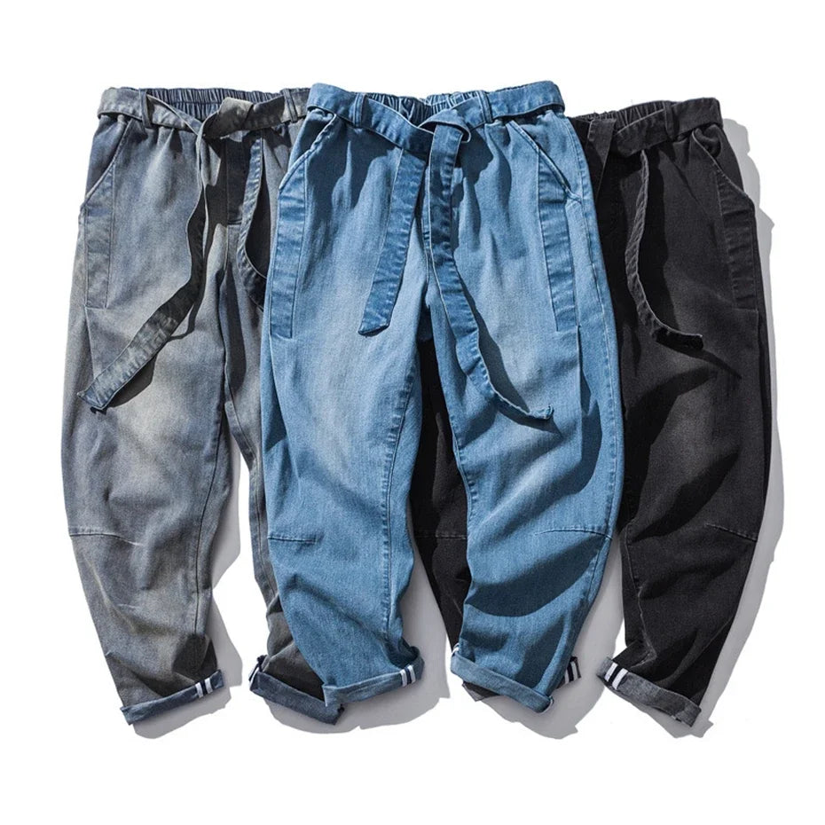 Vintage Denim Pants Men Streetwear Harajuku Jeans Belt Design Fashion Solid Color Jeans Elastic Waist Trousers Mens Clothes