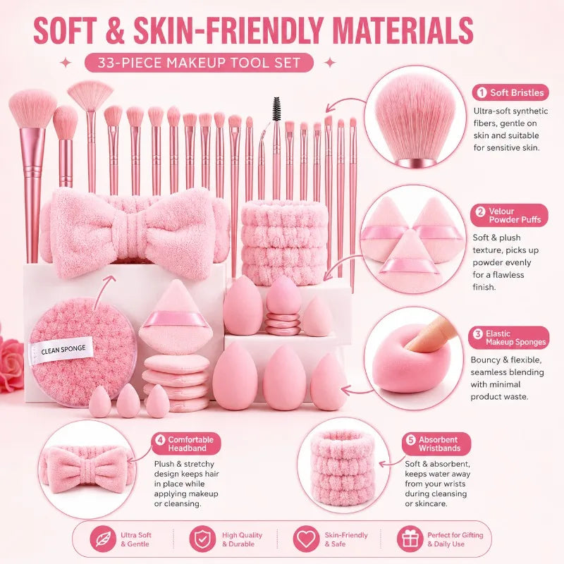 33Pcs Full Makeup Tool Kit, 13 Brushes + Sponges + Finger Puffs + Headband for Face Eye Makeup Daily Touch Ups Travel Kit