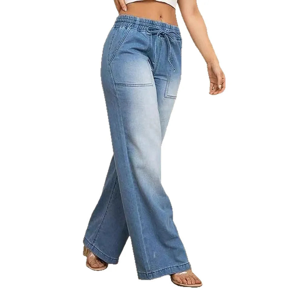 Chic High Waist Drawstring Denim Pants Women's Straight Wide Leg Jeans Fashion Trousers