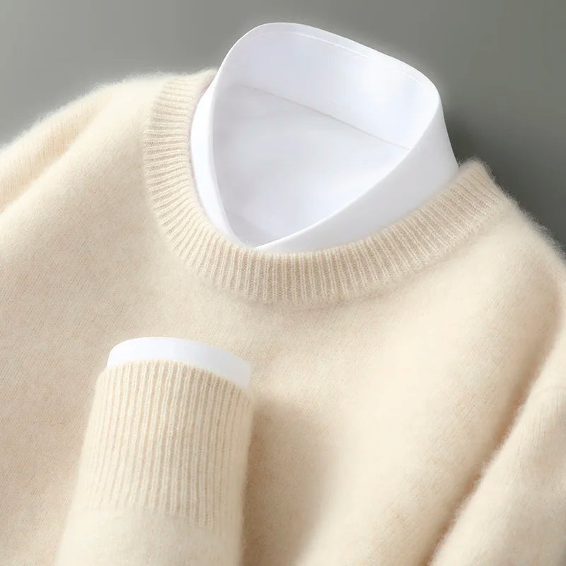 100% Australian Wool Knitted Men's O-Neck Sweater, Casual Business, Spring and Autumn Men's Long-Sleeved Pullover New Sweater