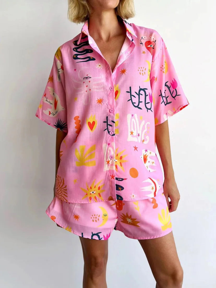 Women Summer Fashion Shorts Sets Retro Print Sleeve Shirt Shorts Suit New Casual Loose Female Beach Vacation Shorts 2 Piece Set