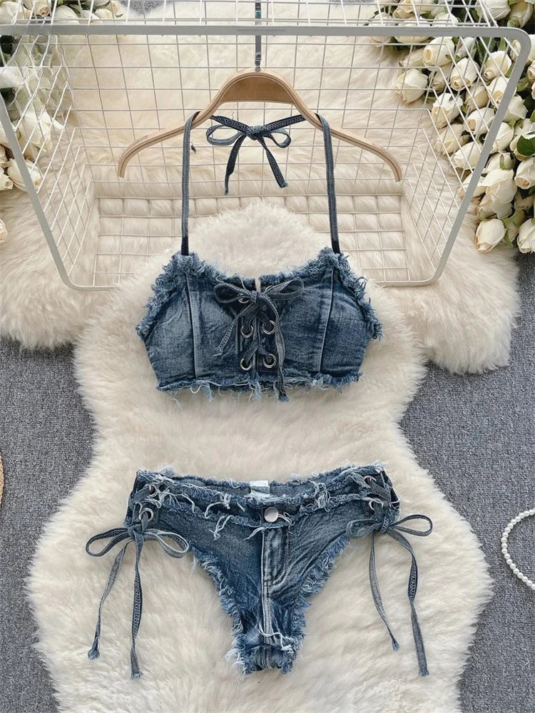 Retro Women Bikini Denim Suits Summer Halter Camis Mini Short Pant Fashion Vacation Suits Sexy Comfortable