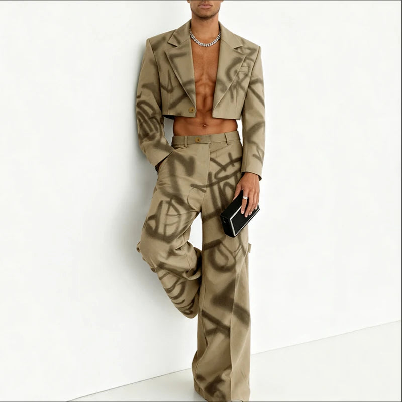 INCERUN Men Sets Printing Lapel Long Sleeve Crop Blazer & Pants Two Pieces Sets Streetwear Personality Fashion Men Casual Suits