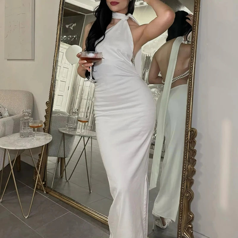 New Summer 2026 Fashion European and American Style Sexy Temperament Elegant White Backless Halter and Beaded Dress for Women