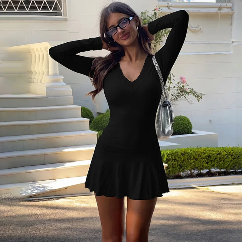 FDYOUI Casual Sexy V-neck Lace Patchwork Mini Dresses Women Long Sleeve Pleated Slim Holiday Dress Party Club Outfit Streetwear