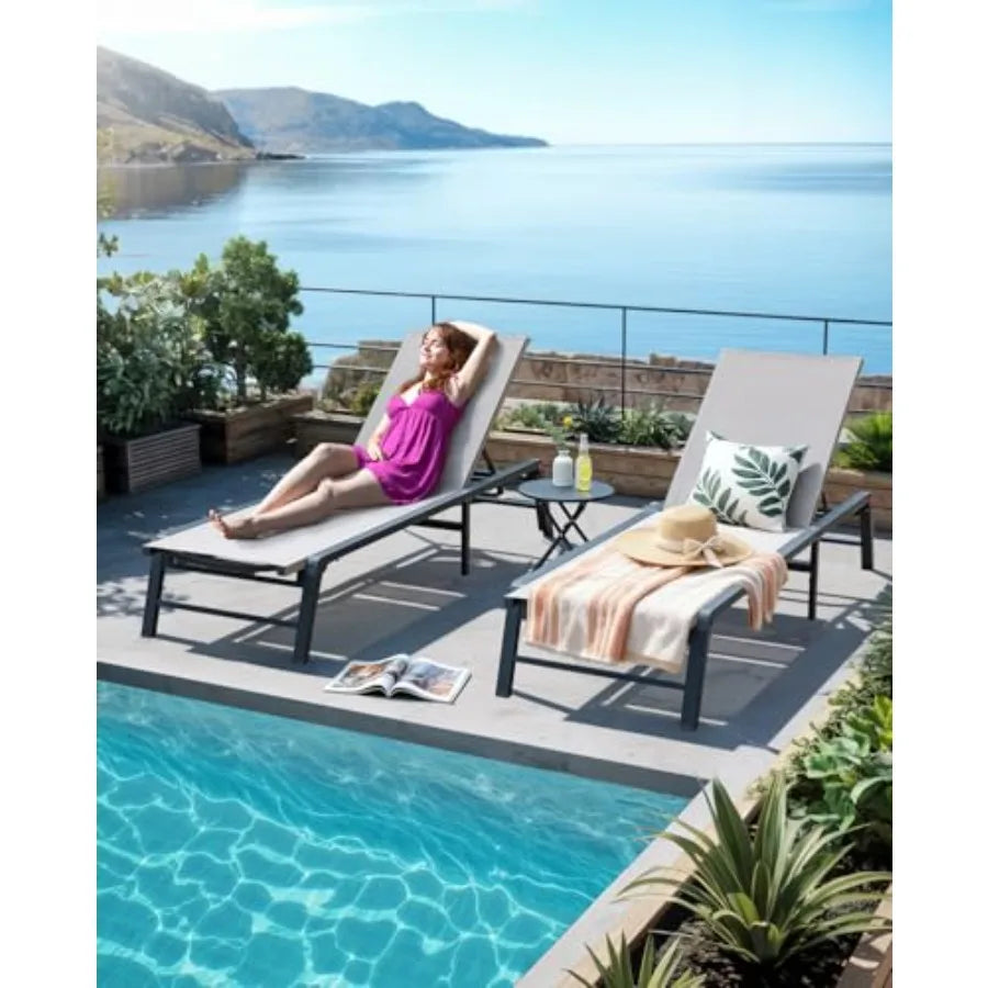 Aluminum Chaise Lounge Outdoor, Foldable Assemble-Free, 5-Adjustable Backrest, Gray/Beige, Lightweight Rust-Resistant for Pools