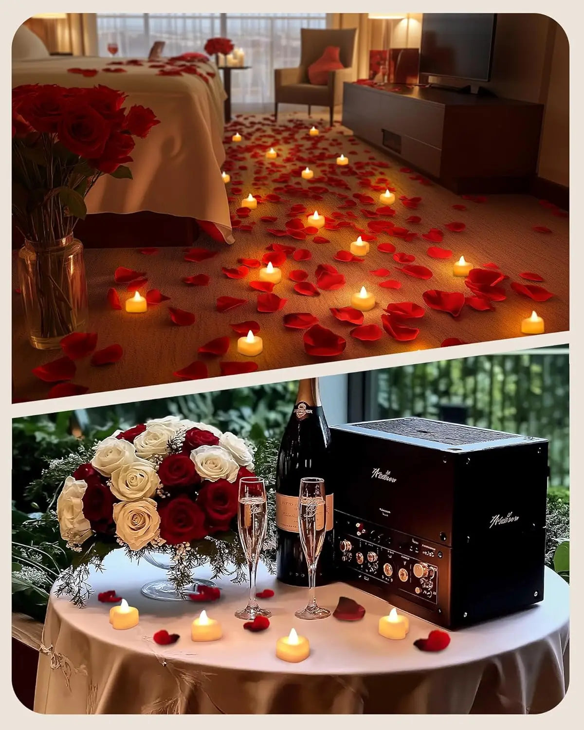 1000 Artificial Rose Petals with 12 Heart LED Tea Lights Set for Romantic Decor, Wedding, Valentine's Day