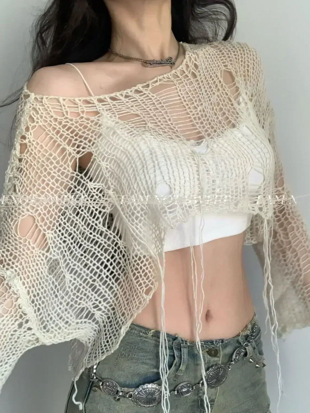 Sexy White Slash Neck Grunge Knitted Women's Sweater Hole Ripped Pullover Crop Top Harajuku Hollow Out Fashion Summer Jumpers