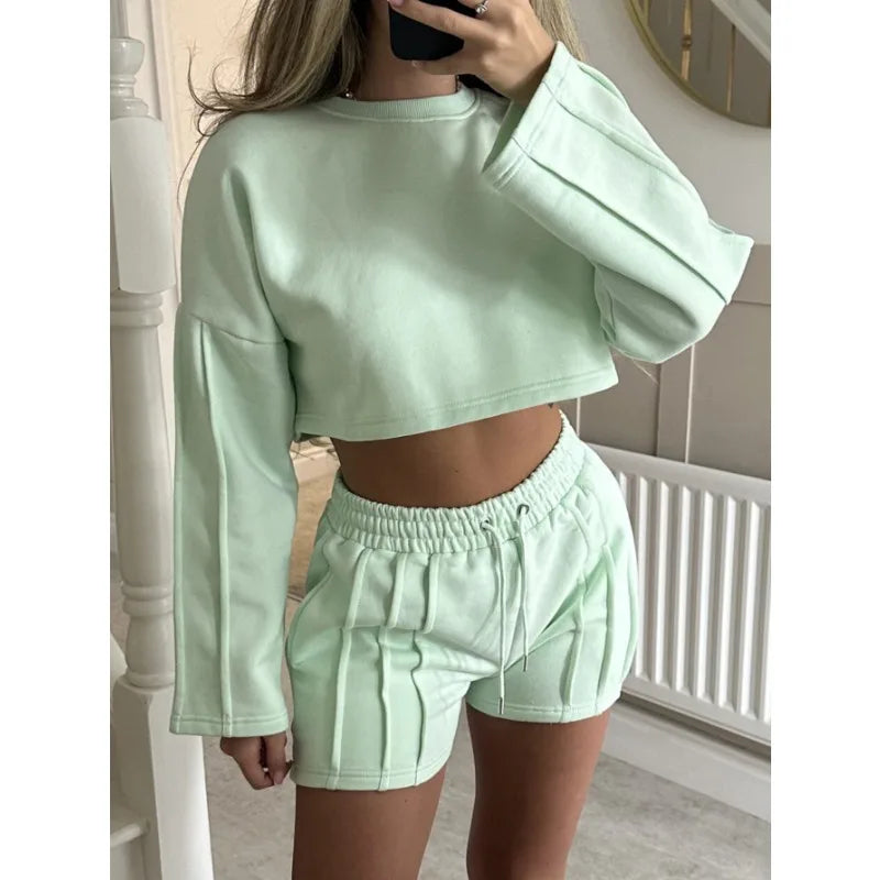 Women 2 Piece Outfits Pink Crop Top Long Sleeve Sweatshirt High Waist Shorts Loungewear Set