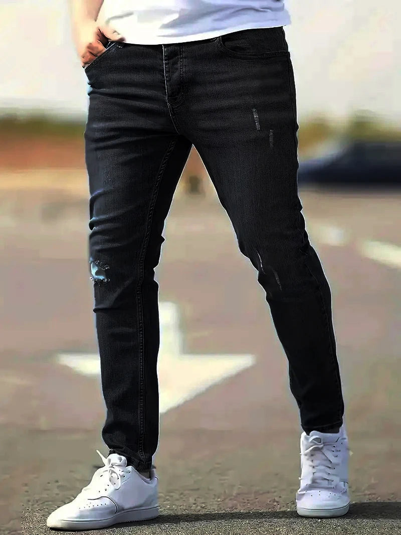 2026 Spring Men's Distressed Skinny Jeans Vintage Wash Elastic Biker Holes Casual Slim Fit Streetwear Denim Pencil Pants Joggers