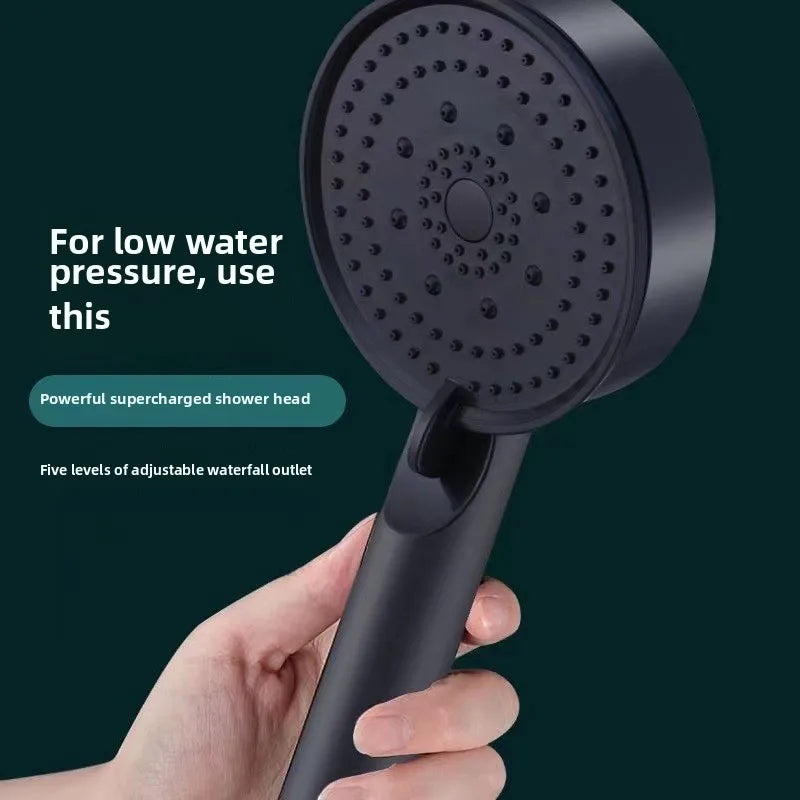 High-Pressure Handheld Shower Head with Stand and Hose - 5 Adjustable Water Flow Modes, Round Plastic Bathroom Accessory
