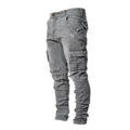 Street Elastic Jeans Men Denim Cargo Pants Wash Solid Color Multi Pockets Casual Mid Waist Trousers Slim Fit Daily Wear Joggers