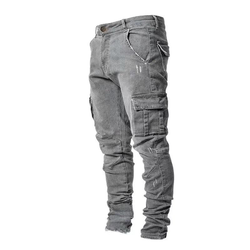 Street Elastic Jeans Men Denim Cargo Pants Wash Solid Color Multi Pockets Casual Mid Waist Trousers Slim Fit Daily Wear Joggers