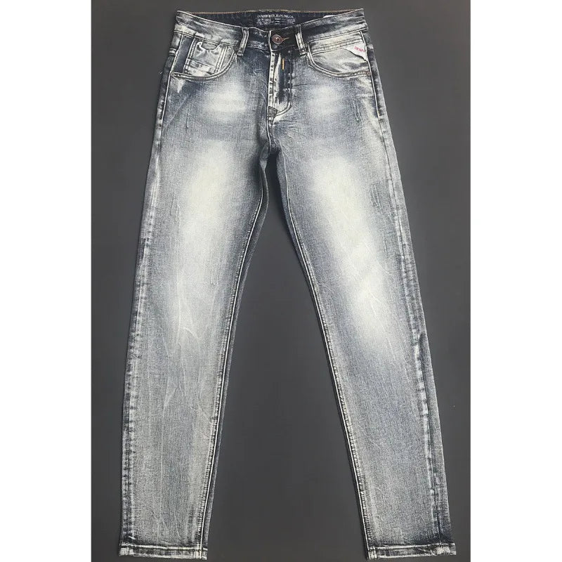 New Trendy Brand Jeans for Men Spring Autumn Slim Fit Small Feet Elastic Water Washed Retro Trendy Casual Long Pants