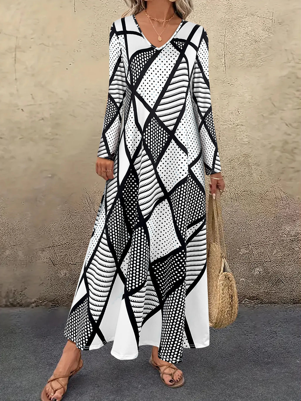 Women's Long - Sleeve V - Neck Maxi Dress, Black and White Geometric & Dot Print, Casual Bohemian & Beach Wear