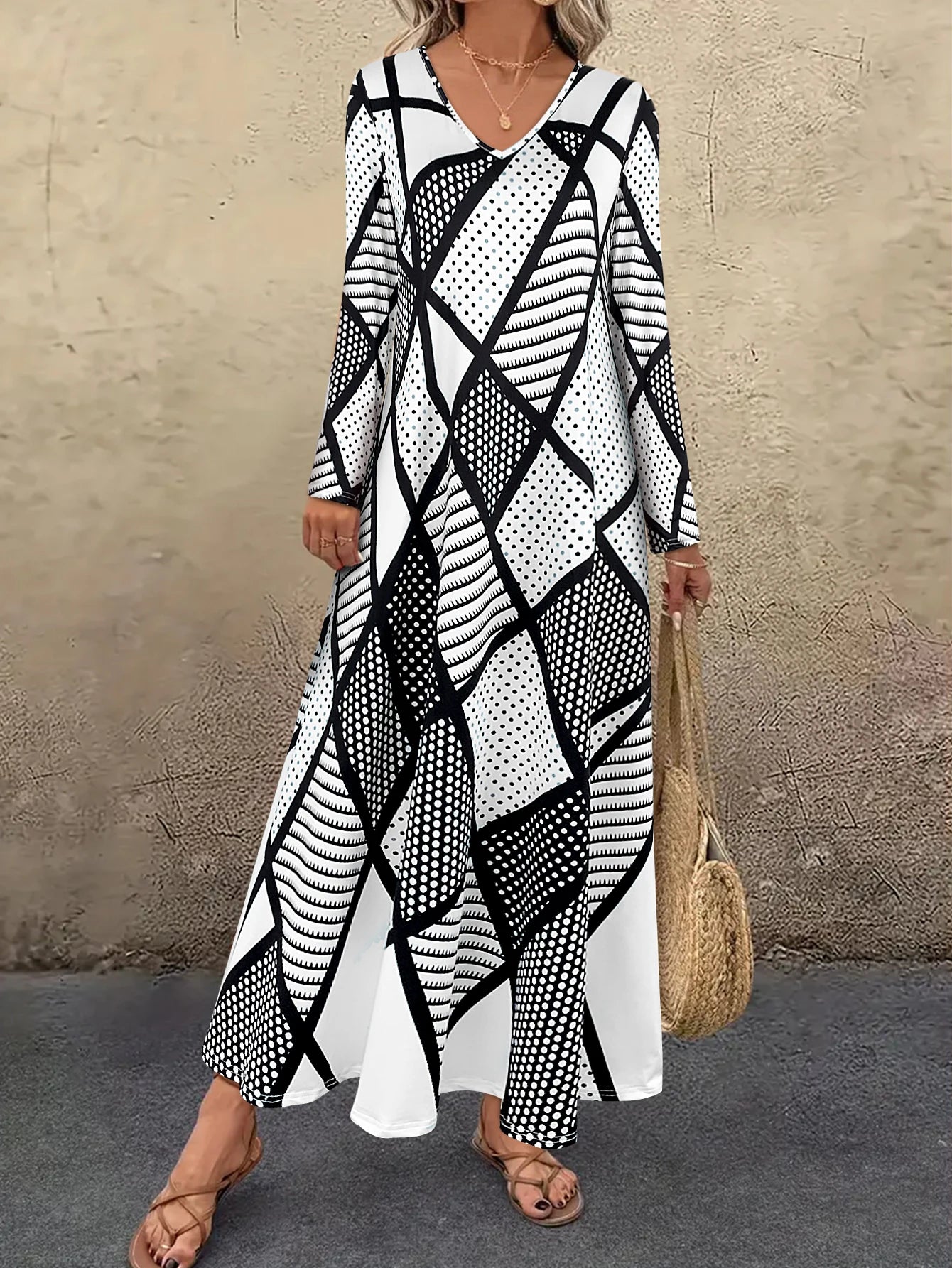 Women's Long - Sleeve V - Neck Maxi Dress, Black and White Geometric & Dot Print, Casual Bohemian & Beach Wear