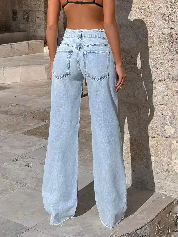 Women's High Waist Hem Denim Jeans, Wide Leg Loose Slimming Pants, Frayed Edge Draping Floor-Length Casual Streetwear