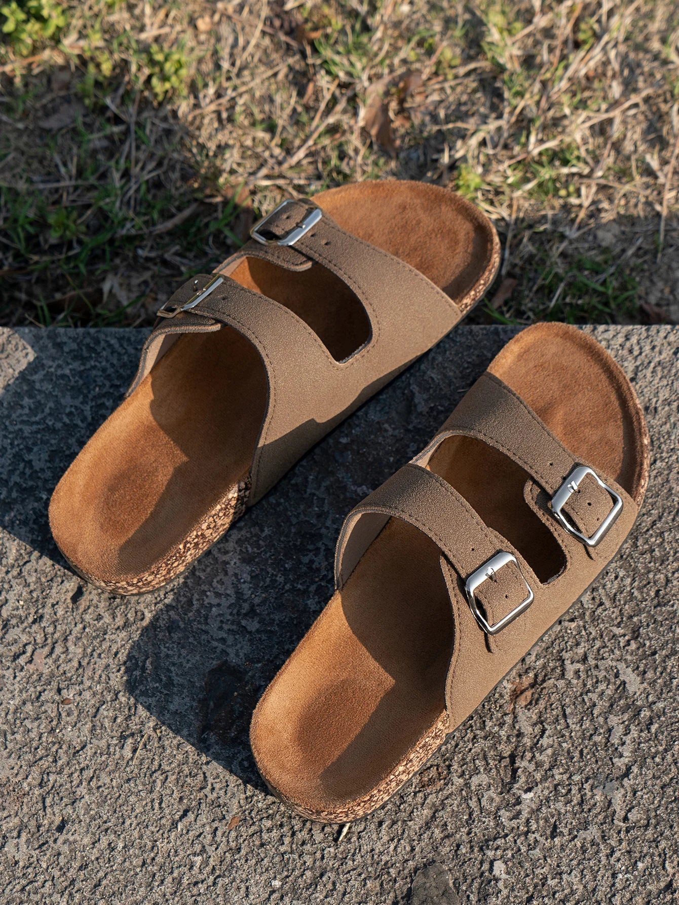 Women's Teen Mules New Spring and Summer Vintage Casual Slip-On Shoes Pu Upper Double Strap Half Slippers with Adjustable Buckle