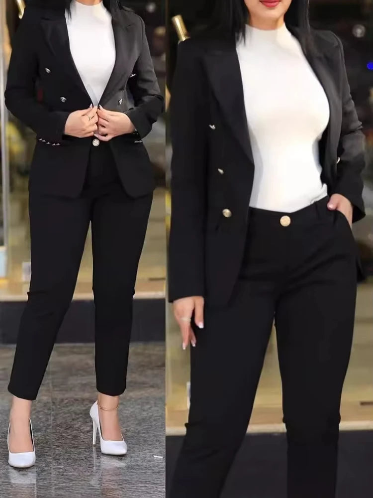 2Pcs Women's Solid Color Suit + Trouser Two-Piece Set Slim Fit Business Fashion Double Breasted Formal Female Clothes Outfit