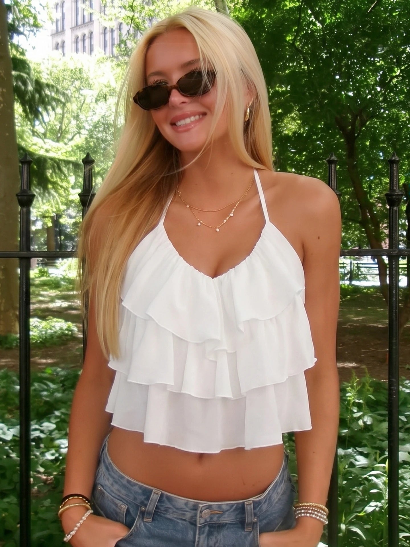 Dulzura Women'S Sexy Backless Lace Up Ruffle Halter Crop Camisole Solid Casual Y2K Top Street Vacation Beach Style Summer Outfit