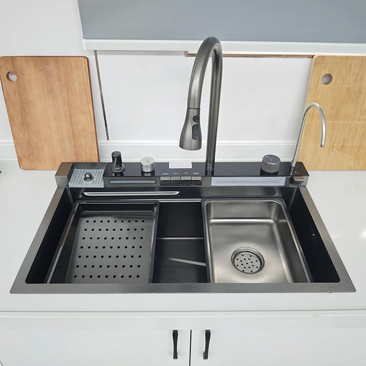 Light Emitting Diode Digital Nano Handmade Modern Single Slot Stainless Steel Waterfall Multifunctional Smart Kitchen Sink