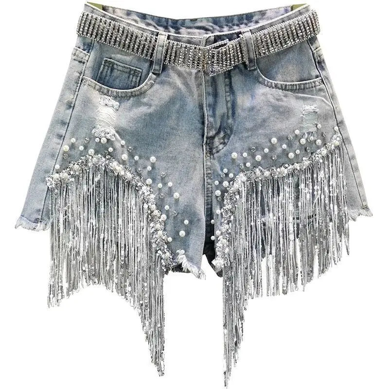 Denim Shorts Women's 2025 Summer Clothes New European High Waist Thin Heavy Industry Beaded Sequined Fringed Broken Copper Jeans