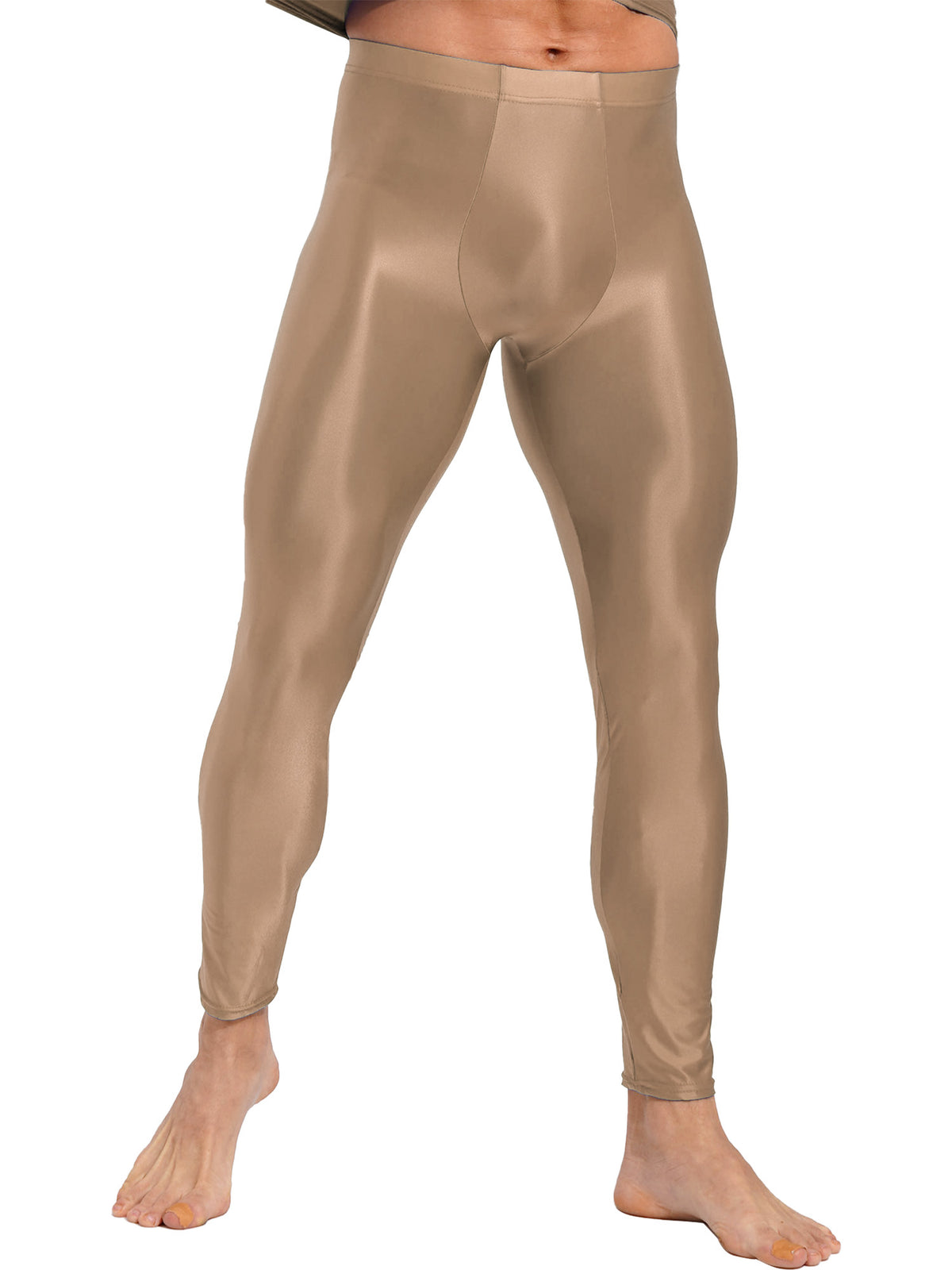 Men Elastic Waistband Skinny Shiny Yoga Tights Pants Solid Color Leggings Exercise Running Gym Fitness Training Sportswear