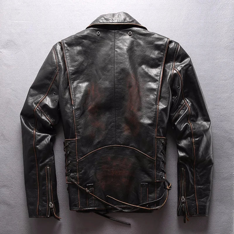 Vintage Black Winter Leather Jacket Men Retro Style Plus Size 5XK Natural Thick Cowhide Diagonal Zipper Genuine Leather Coat