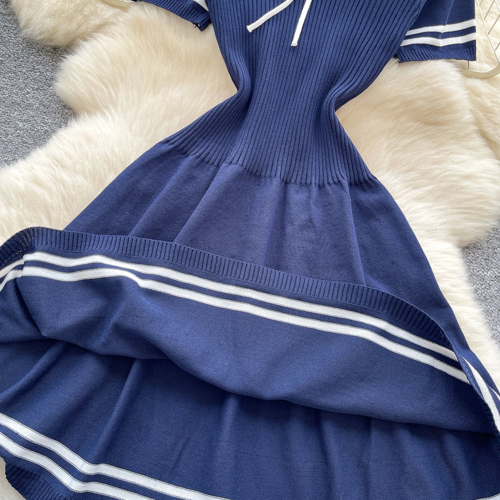 New Summer Women Sailor Collar Short Sleeve Knitted Dress Sundress Bow Lace Up Elatic Bodycon Pencil Vestidos Short Dress