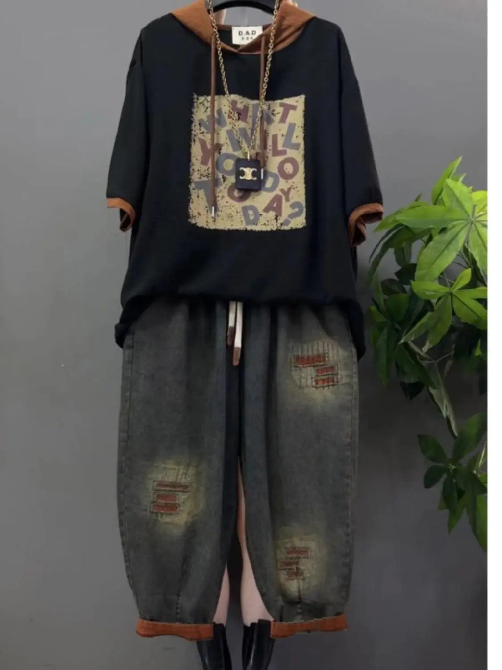 Vintage Plus Size Jeans Set Women's Two-Piece Outfit Casual Suit Denim Pants  Ladies Hooded T-Shirt Printed Jeans Sets