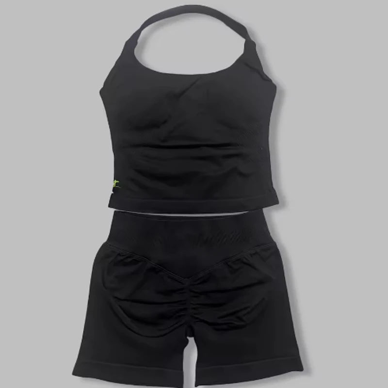 Women Halter Neck Workout Set Seamless Tank Top High Waist Leggings Yoga Gym Fitness Sportswear 2PCS Set