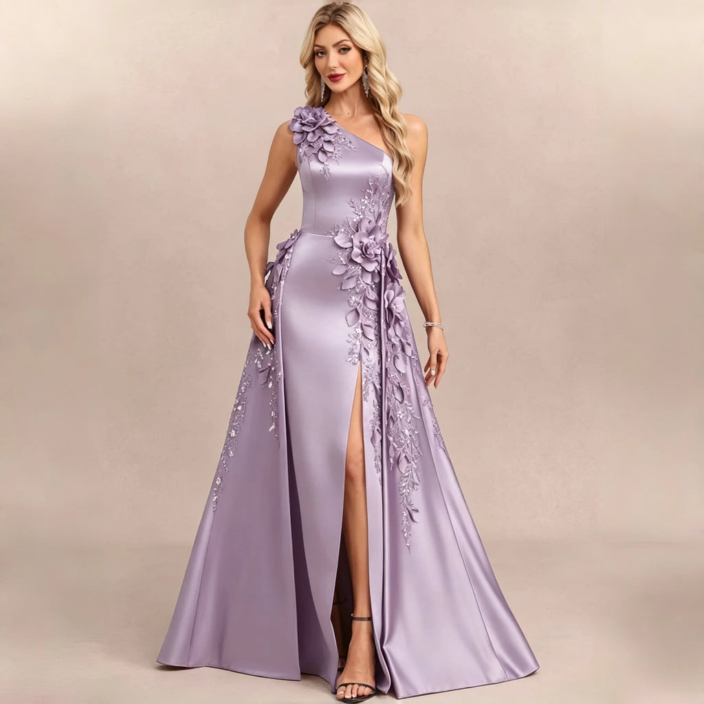 One Shoulder Satin Bridesmaid Dresses 3D Floral Applique Sequin High Slit Overskirt Formal Evening Maxi Gown Wedding Party Dress