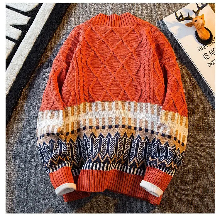 2023 New Autumn and Winter Retro Patchwork Diamond V-neck Color Matching Loose and Handsome Casual Knitted Cardigan for Men