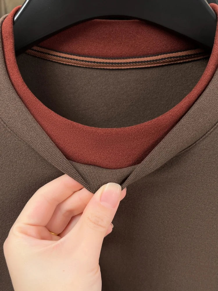 Unique fake two pieces round neck sweater men fashion brand letter emboss pullover autumn winter warm velvet long sleeve T-shirt