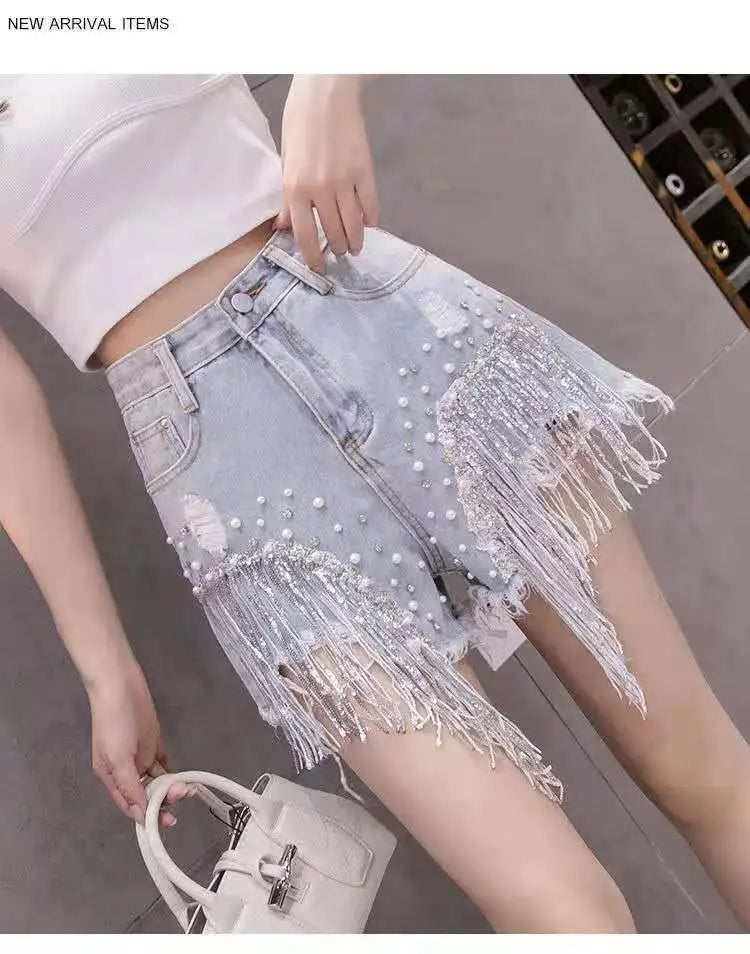 2026 Summer New Personalized Denim Shorts for women's High waisted Diamond Studded Heavy industry Sequin Tassel Fashion Shorts